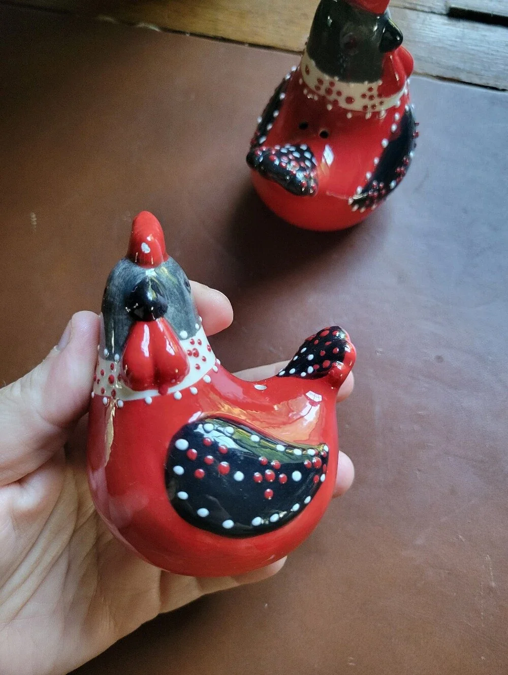 Ceramic Chicken Shaped Polka Dot Salt & Pepper Shakers Black White Red Set